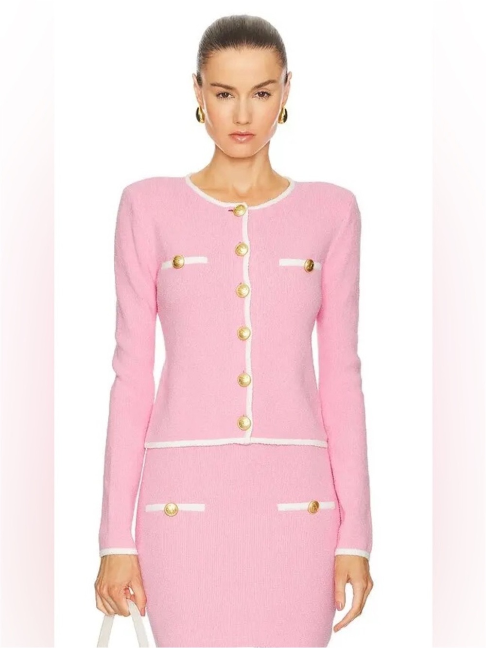L'Academie Pink and White Tweed Jacket with Gold Buttons